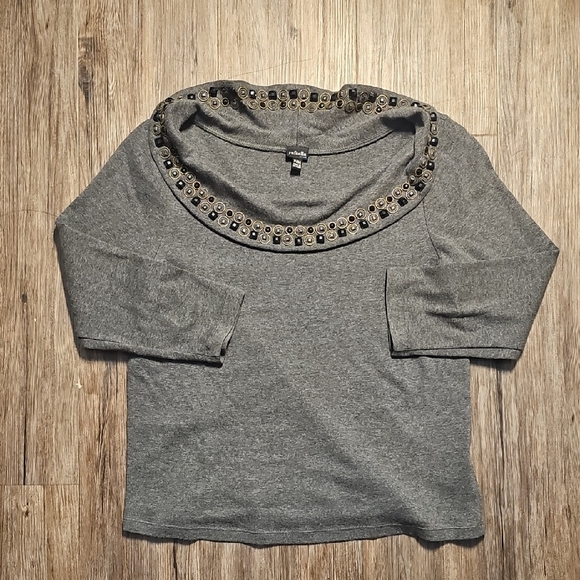 Womens Rafaella Gray Cowl Neck Sweater Top with Gold and Black Embellishments MP - Picture 1 of 5